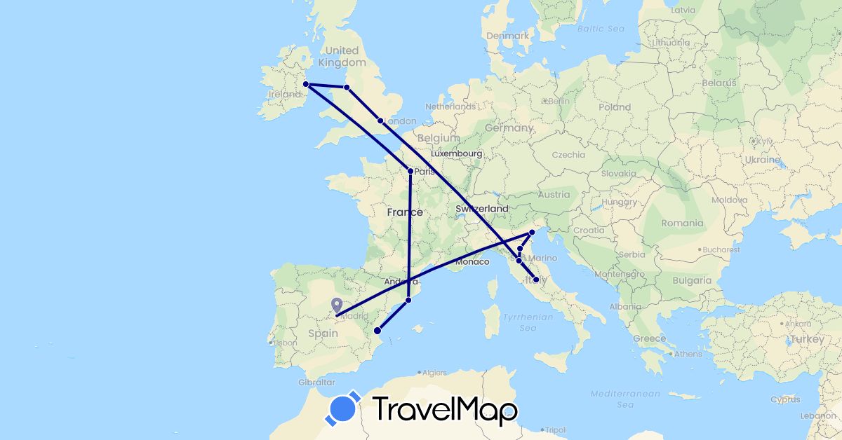 TravelMap itinerary: driving in Spain, France, United Kingdom, Ireland, Italy (Europe)